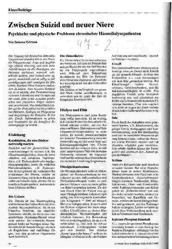 Vorschauseite 1: Zwischen Suizid und neuer Niere Psychische und physische Probleme chronischer Hämodialysepatienten