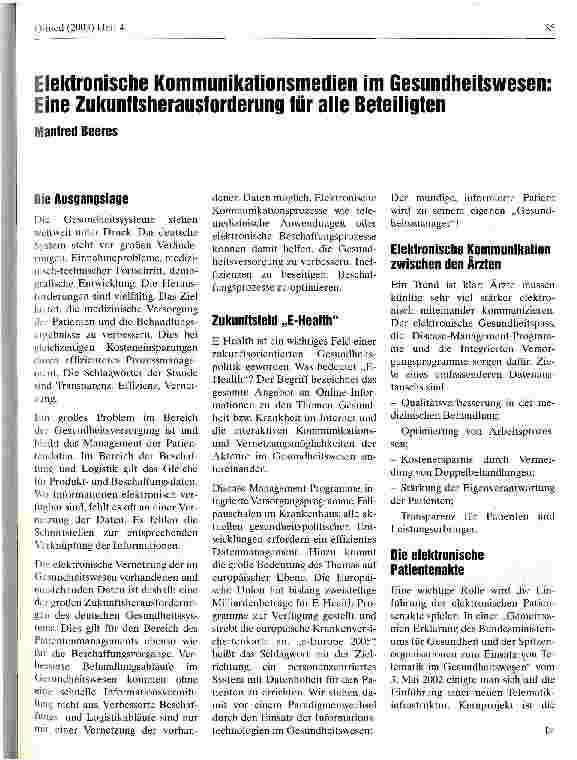 Vorschauseite 1: Elektronische Kommunikationsmedien im Gesundheitswesen Eine Zukunftsherausforderung für alle Beteiligten