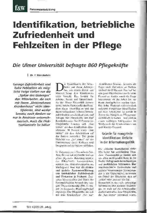 Vorschauseite 1: Identifikation, betriebliche Zufriedenheit und Fehlzeiten in der Pflege Die Ulmer Universität befragte 860 Pflegekräfte