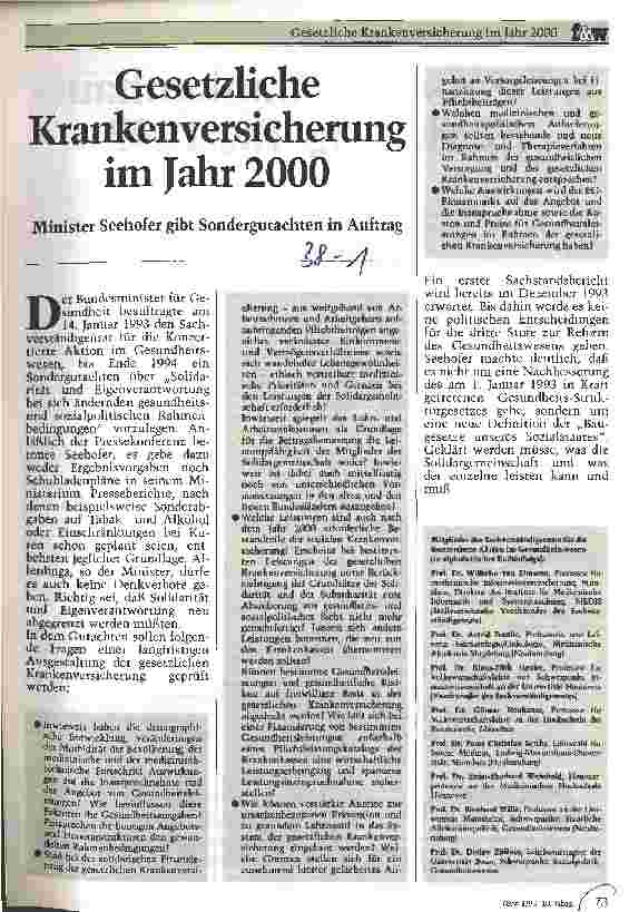 Vorschauseite 1: Gesetzliche Krankenversicherung im Jahr 2000 Minister Seehofer gibt Sondergutachten in Auftrag