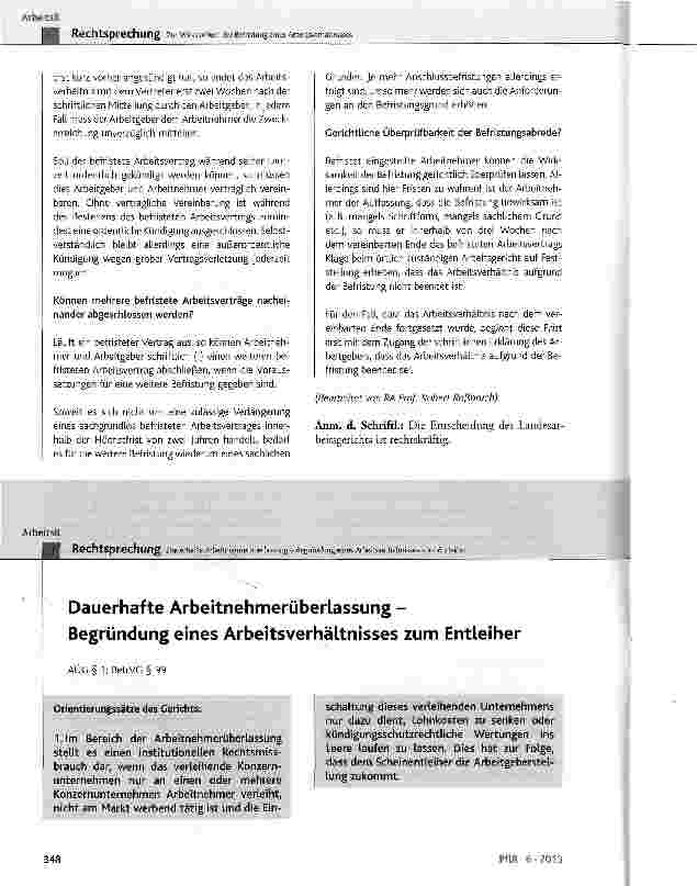 Vorschauseite 1: Dauerhafte Arbeitnehmerüberlassung -Begründung eines Arbeitsverhältnisses zum EntleiherAÜG§ 1;BetrVC§99