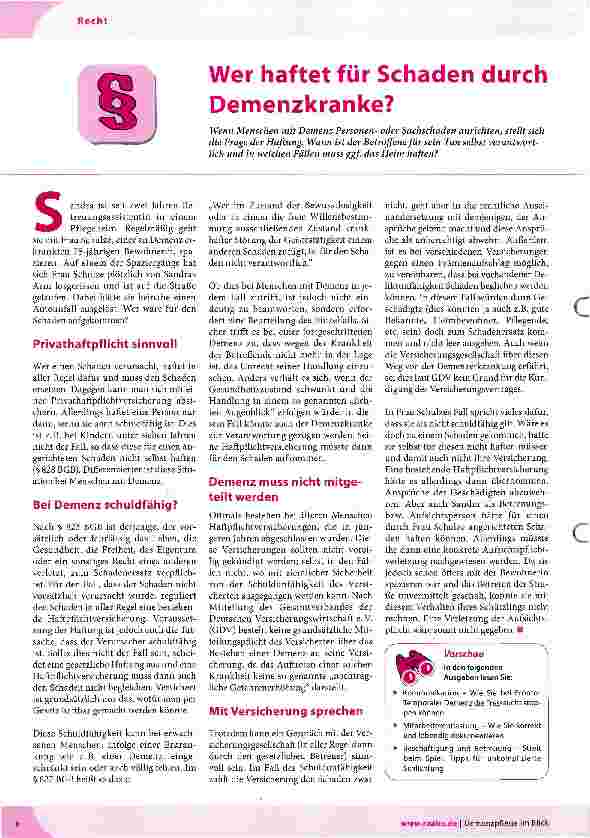 Vorschauseite 1: Wer haftet für Schaden durch Demenzkranke?