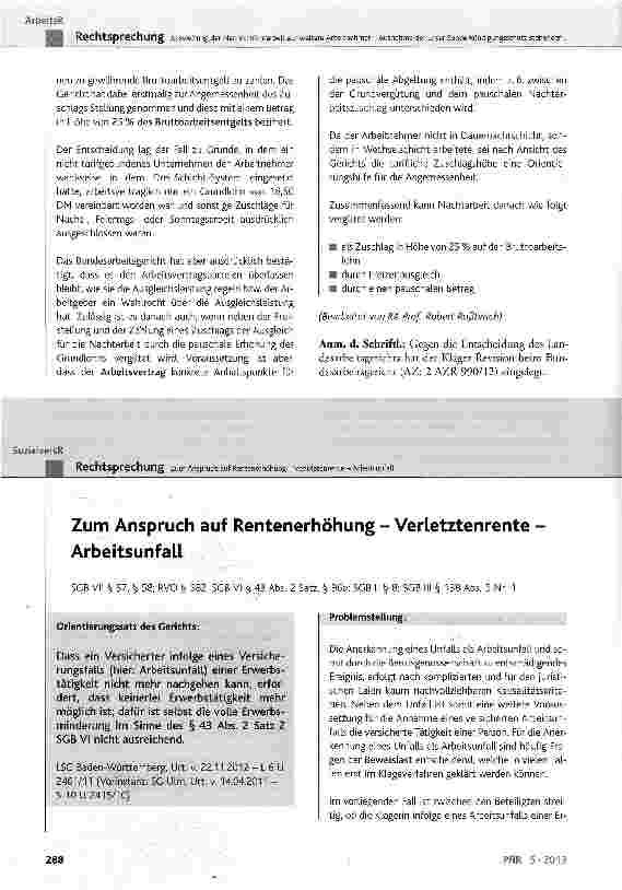 Vorschauseite 1: Zum Anspruch auf Rentenerhöhung - Verletztenrente -Arbeitsunfall SGB VII § 57, § 58; RVO § 582; SCB VI §..43 Abs. 2 Satz, § 96a; SGB II § 8; SGB III § 138 Abs. 5 Nr. 1