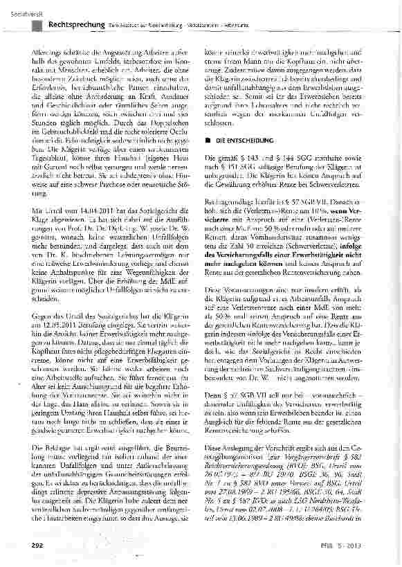 Vorschauseite 5: Zum Anspruch auf Rentenerhöhung - Verletztenrente -Arbeitsunfall SGB VII § 57, § 58; RVO § 582; SCB VI §..43 Abs. 2 Satz, § 96a; SGB II § 8; SGB III § 138 Abs. 5 Nr. 1