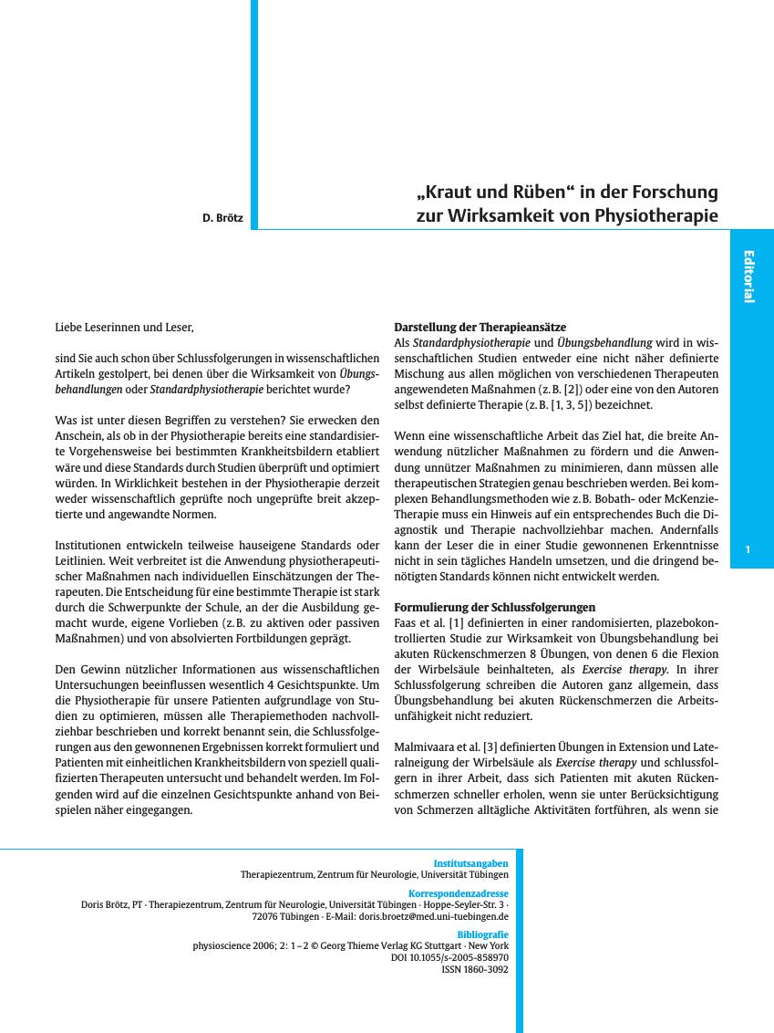 Vorschauseite 1: „Kraut und Rüben” in der Forschung zur Wirksamkeit von Physiotherapie