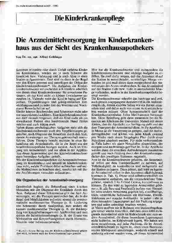 Vorschauseite 1: Die Arzneimittelversorgung im Kinderkrankenhaus aus der Sicht des Krankenhausapothekers - Die Kinderkrankenpflege