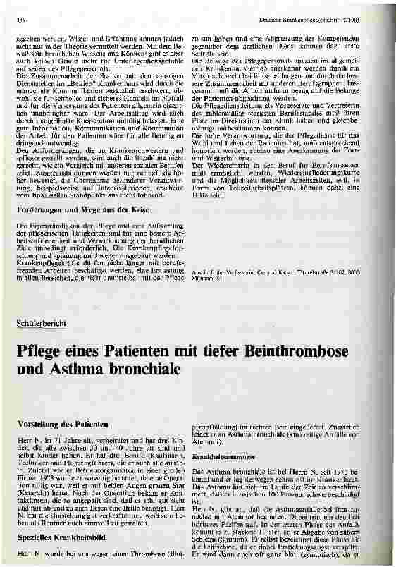 Vorschauseite 1: Pflege eines Patienten mit tiefer Beinthrombose und Asthma bronchiale. Schülerbericht