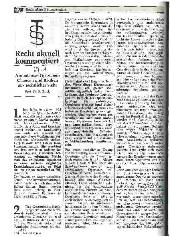 Vorschauseite 1: Ambulantes Operieren: Chancen und Risiken aus rechtlicher Sicht Recht aktuell kommentiert