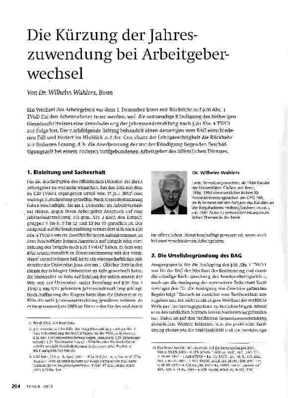 Vorschauseite 1: Die Kürzung der Jahreszuwendung bei Arbeitgeberwechsel