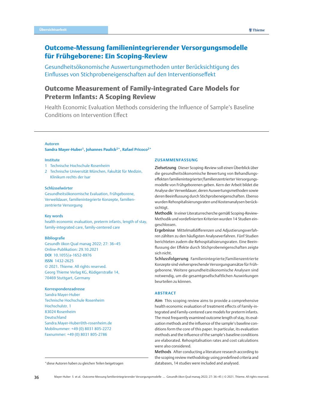 Vorschauseite 1: Outcome-Messung familienintegrierender Versorgungsmodelle für Frühgeborene: Ein Scoping-Review