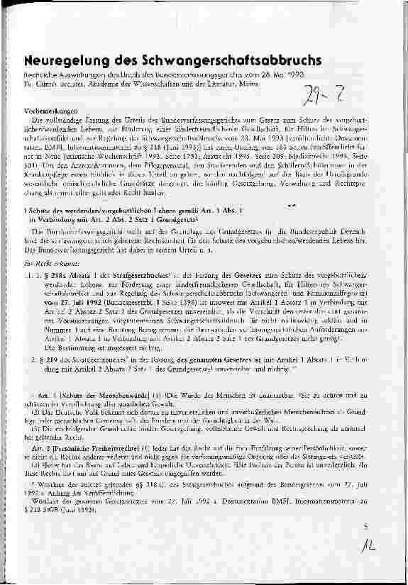 Vorschauseite 1: Neuregelungen des Schwangerschaftsabbruchs Rechtliche Auswirkungen des Urteils des BVG vom 28.Mai 1993