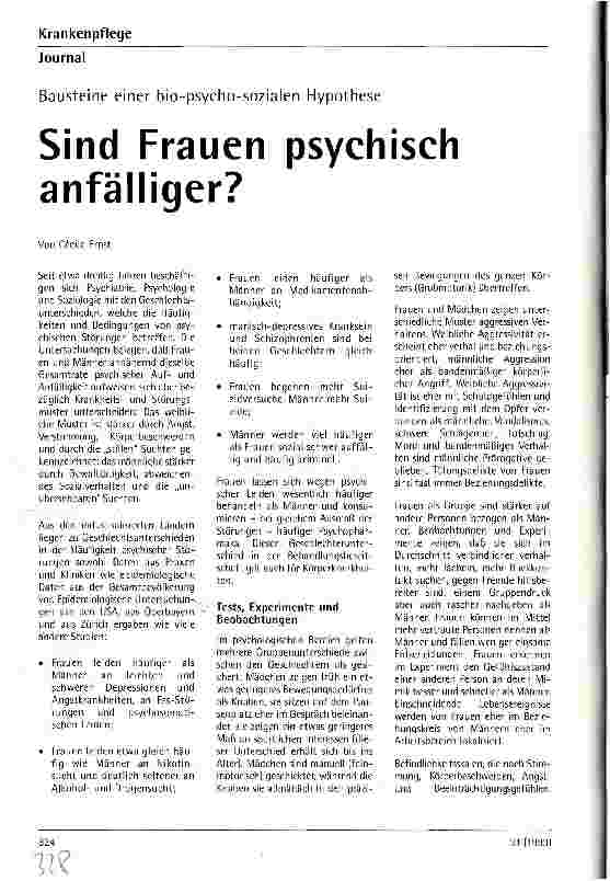 Vorschauseite 1: Sind Frauen psychisch anfälliger? Bausteine einer bio-psycho-sozialen Hypothese