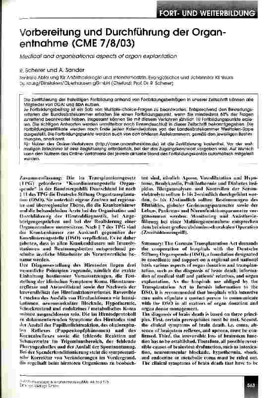 Vorschauseite 1: Vorbereitung und Durchführung der Organentnahme (CME 7/8/03)