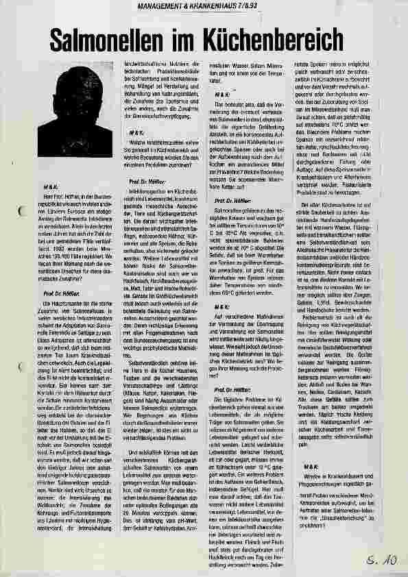 Vorschauseite 1: Salmonellen im Küchenbereich Gespräch mit Ulrich Höffler, Direktor Hygienisch-bakteriologisches Landesamtes