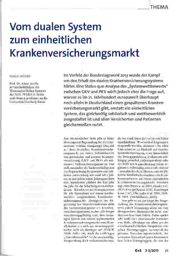 Vorschauseite 1: Vom dualen System zum einheitlichen Krankenversicherungsmarkt