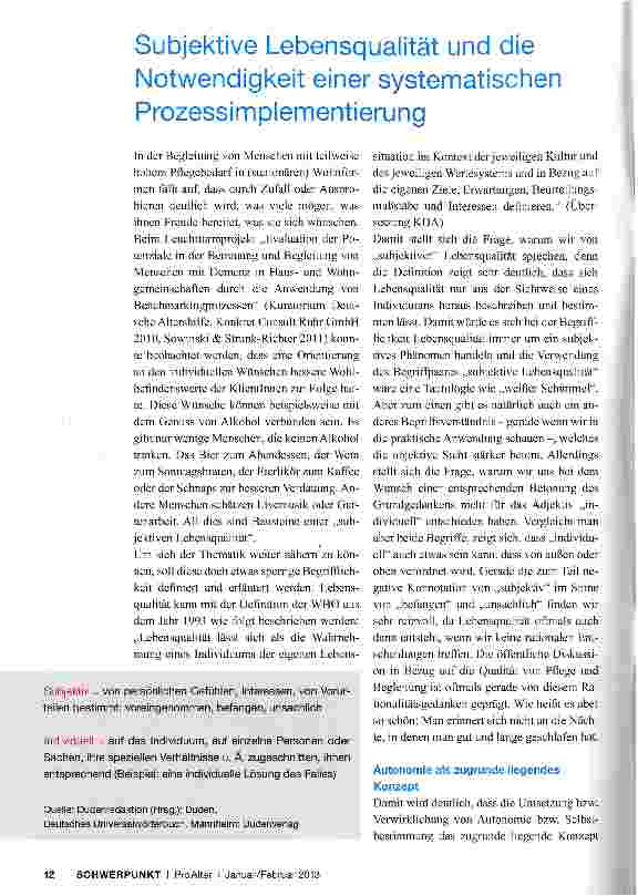 Vorschauseite 1: Subjektive Lebensqualität und die Notwendigkeit einer systematischen Prozessimplementierung