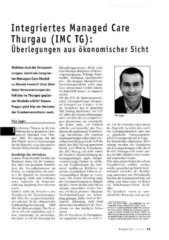 Vorschauseite 1: Integriertes Managed Care Thurgau (IMCTG): Überlegungen aus ökonomischer Sicht