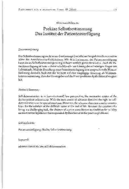 Vorschauseite 1: Prekäre Selbstbestimmung Das Institut der Patientenverfügung
