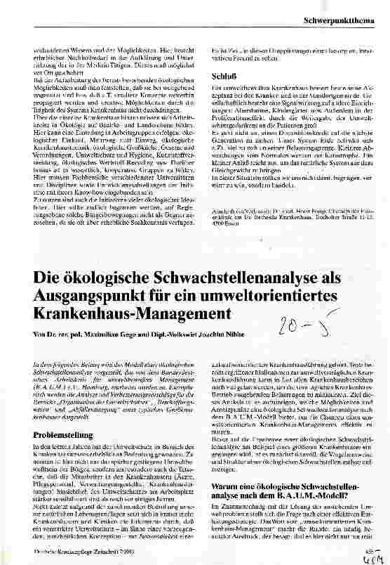 Vorschauseite 1: Die ökologische Schwachstellenanalyse als Ausgangspunkt für ein umwelt orientiertes Krankenhaus-Management