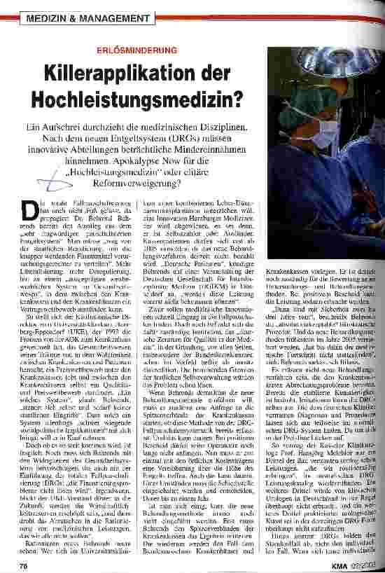 Vorschauseite 1: Erlösminderung: Killerapplikation der Hochleistungsmedizin?