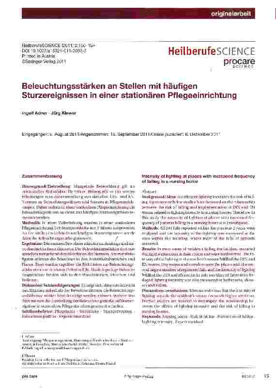 Vorschauseite 1: Beleuchtungsstärken an Stellen mit häufigen Sturzereignissen in einer stationären Pflegeeinrichtung