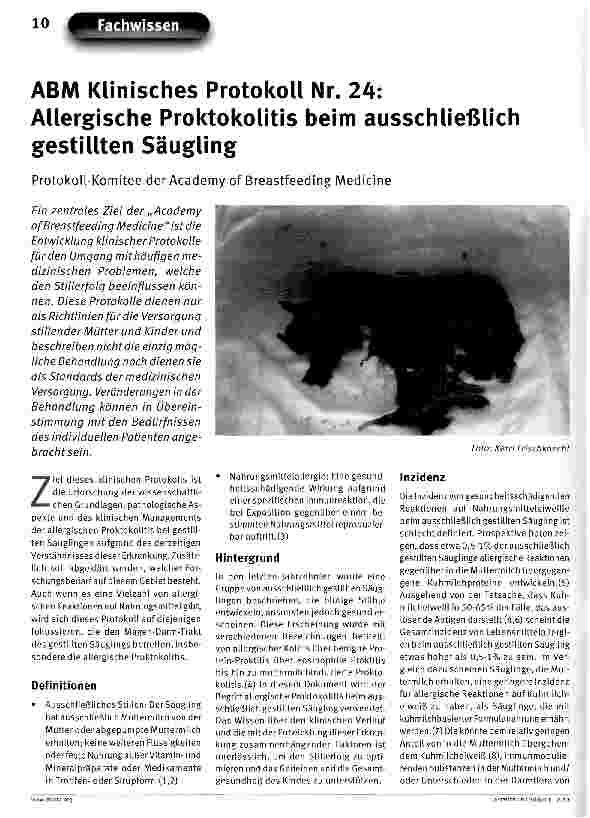 Vorschauseite 1: ABM Klinisches Protokoll Nr. 24: Allergische Proktokolitis beim ausschließlich gestillten Säugling