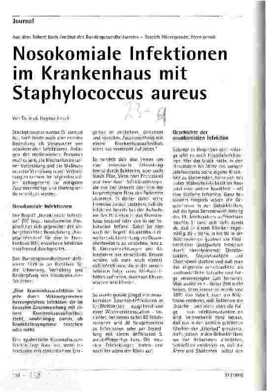 Vorschauseite 1: Nosokomiale Infektionen im Krankenhaus mit Staphylococcus aureus Aus dem Robert-Koch-Institut des Bundesgesundheitsamtes,Werningerode