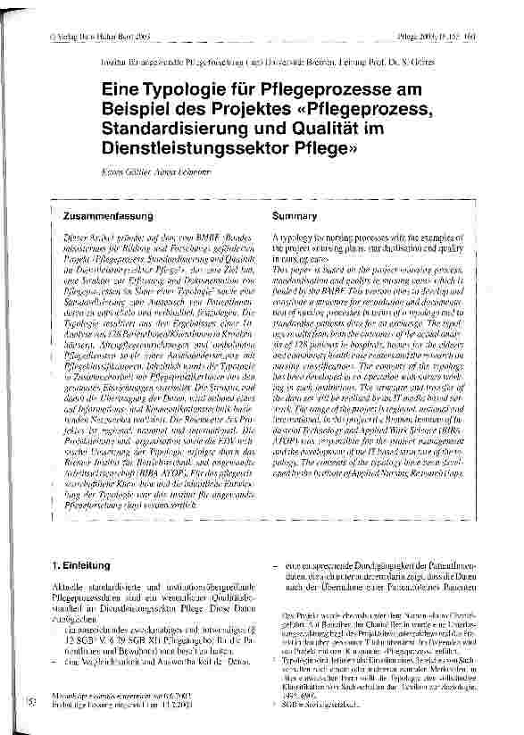 Vorschauseite 1: Eine Typologie für Pflegeprozesse am Beispiel des Projektes Pflegeprozess, Standardisierung und Qualität im Dienstleistungssektor Pflege