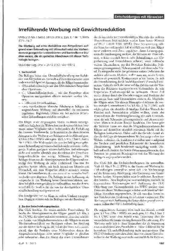 Vorschauseite 1: Irreführende Werbung mit Gewichtsreduktion UWG§12Abs. 1 Satz 2, §8 Abs.3 Nr. 2, §§5, 3, 4 Nr. 11; HWG §3Nr.1u. 2