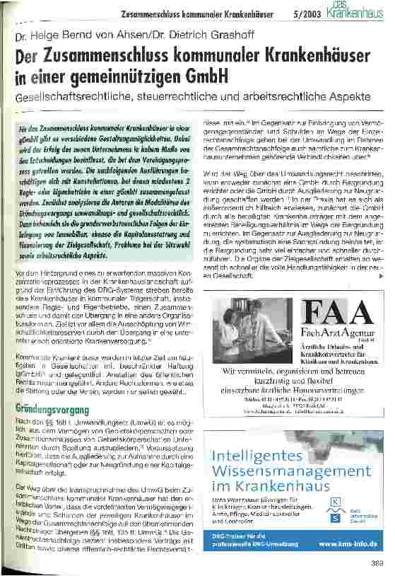 Vorschauseite 1: Der Zusammenschluss kommunaler Krankenhäuser in einer gemeinnützigen GmbH Gesellschaftliche, steuerrechtliche und arbeitsrechtliche Aspekte