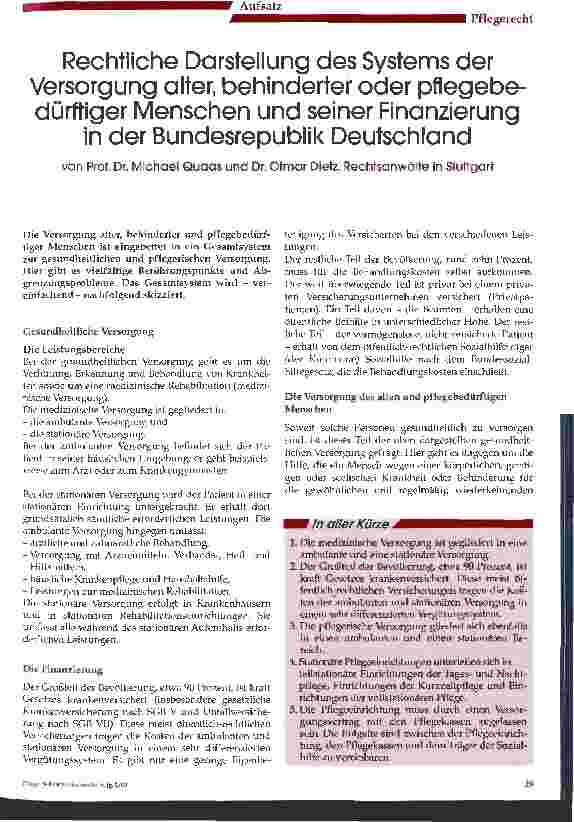 Vorschauseite 1: Rechtliche Darstellung des Systems der Versorgung alter, behinderter oder pflegebedürftiger Menschen und seiner Finanzierung in der Bundesrepublik Deutschland