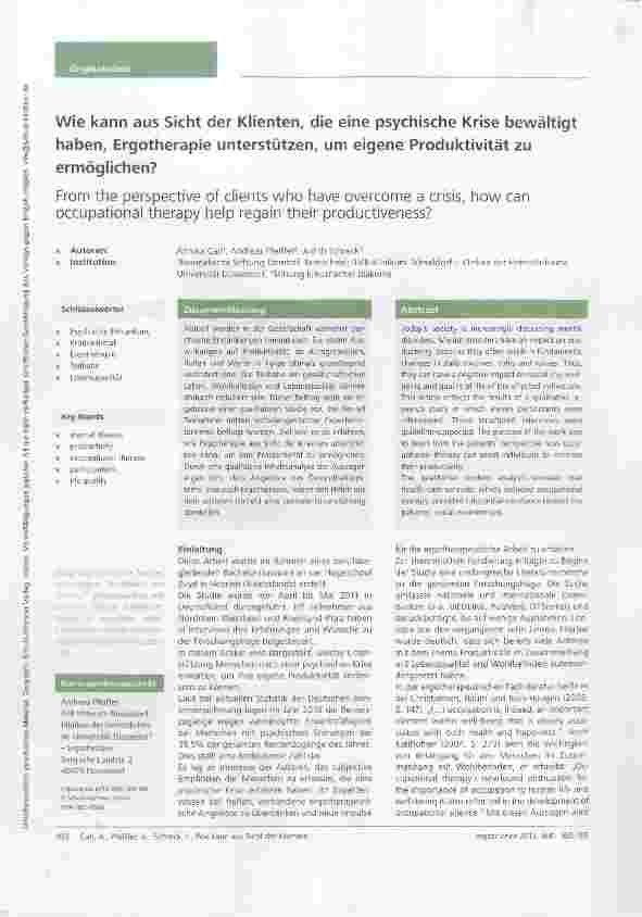 Vorschauseite 1: Wie kann aus Sicht der Klienten, die eine psychische Krise bewältigt haben, Ergotherapie unterstützen, um eigene Produktivität zu ermöglichen?