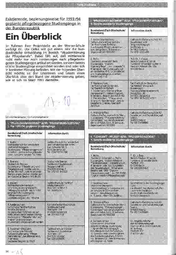 Vorschauseite 1: Ein Überblick Existierende bzw. für 93/94 geplante pflegebezogene Studiengänge in der Bundesrepublik