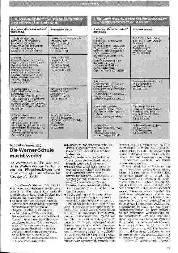 Vorschauseite 2: Ein Überblick Existierende bzw. für 93/94 geplante pflegebezogene Studiengänge in der Bundesrepublik