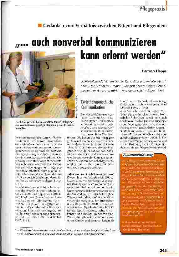 Vorschauseite 1: ... auch nonverbal kommunizieren kann erlernt werden Gedanken zum Verhältnis zwischen Patient und Pflegenden