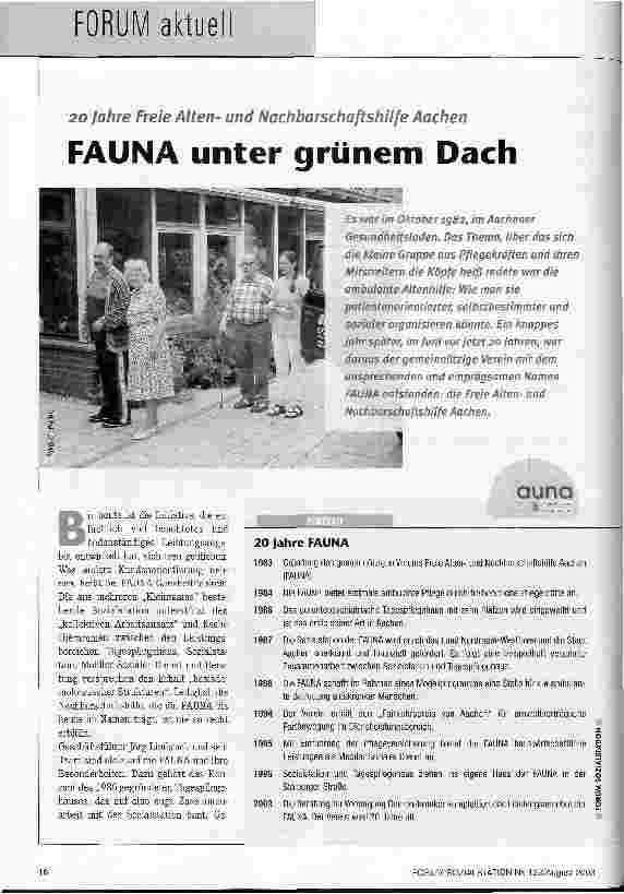 Vorschauseite 1: FAUNA unter grünem Dach 20 Jahre Freie Altenund Nachbarschaftshilfe Aachen