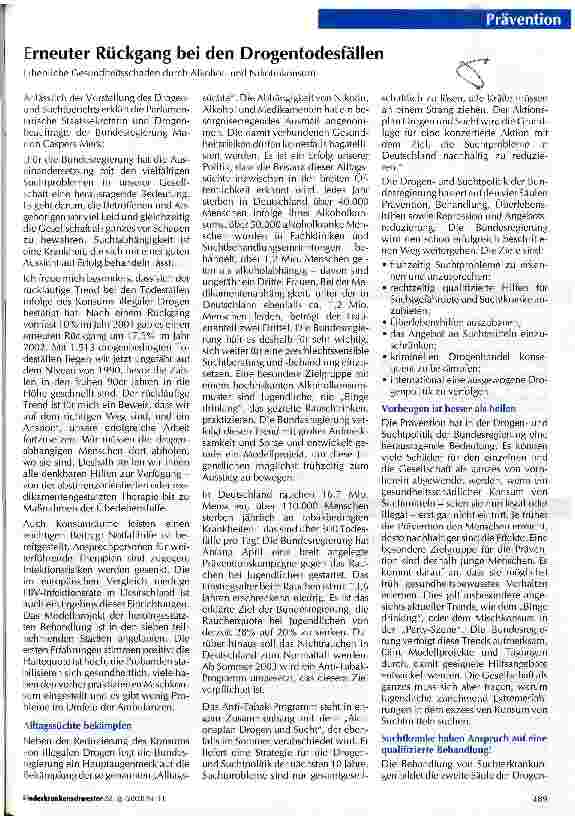 Vorschauseite 1: Erneuter Rückgang bei den Drogentodesfällen