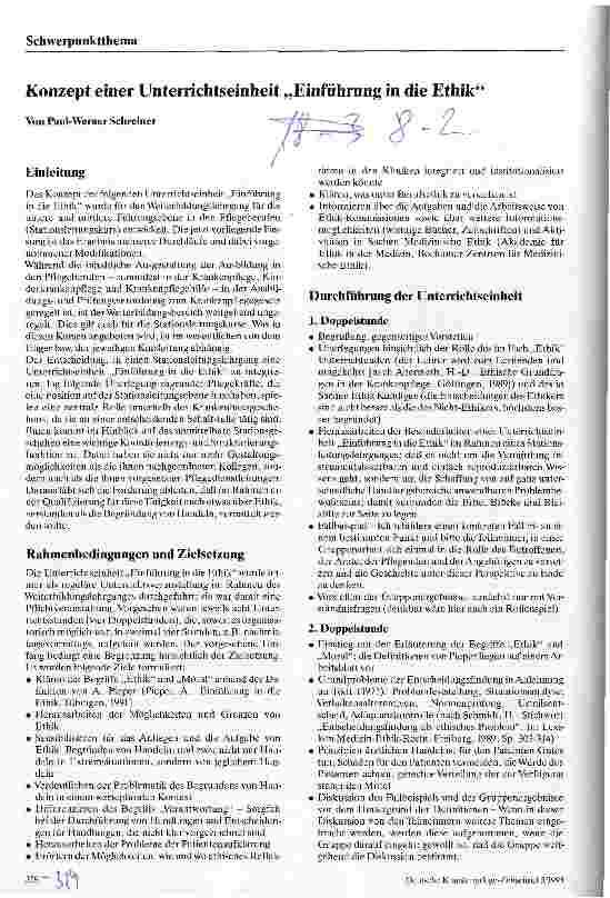 Vorschauseite 1: Die Vermittlung von Ethik Konzept einer Unterrichtseinheit Einführung in die Ethik