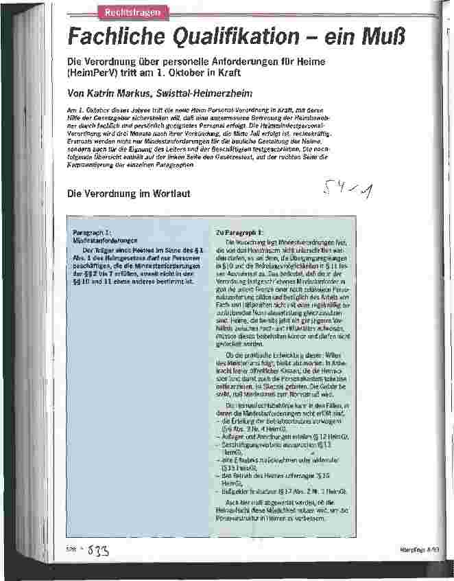 Vorschauseite 1: Fachliche Qualifikation - eim Muß Die Verordnung über personelle Anforderungen für Heime (HeimPerV) tritt am 01. 10. 93 in Kraft