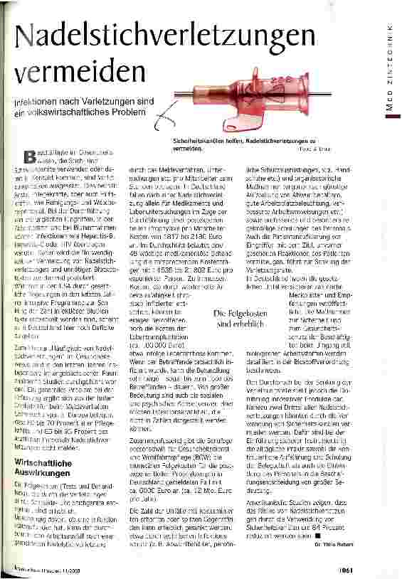Vorschauseite 1: Nadelstichverletzungen vermeiden Infektionen nach Verletzungen sind ein volkswirtschaftliches Problem