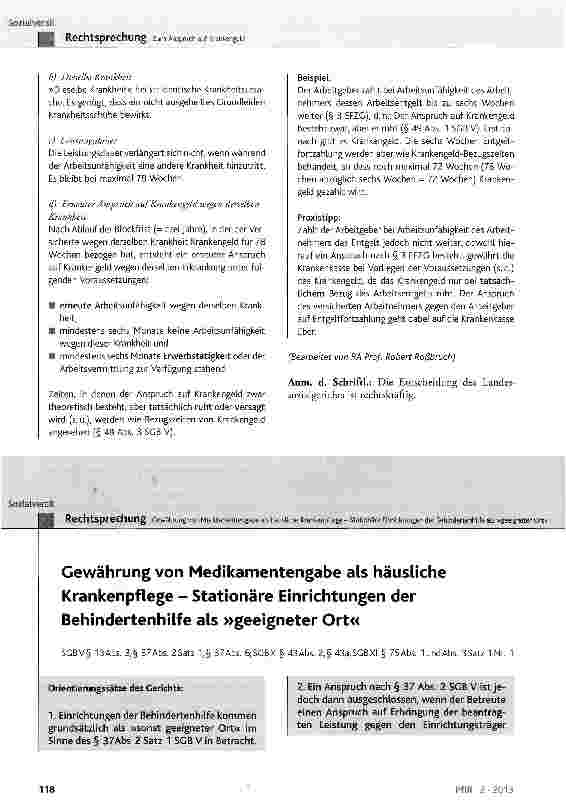 Vorschauseite 1: Gewährung von Medikamentengabe als häusliche Krankenpflege - Stationäre Einrichtungen der Behindertenhilfe als »geeigneter Ort«
