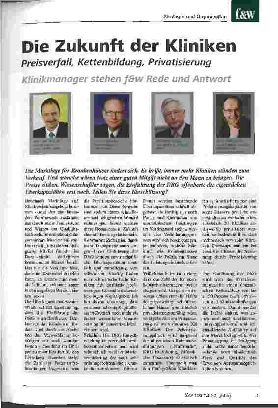 Vorschauseite 1: Die Zukunft der Kliniken: Preisverfall, Kettenbildung, Privatisierung Klinikmanager stehen f&w Rede und Antwort