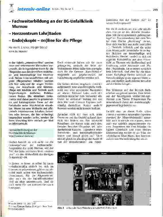 Vorschauseite 1: -Fachweiterbildung an der BG-Unfallklinik Murnau - Herzzentrum Lahr/Baden - Endo(skopie - on)line für die Pflege
