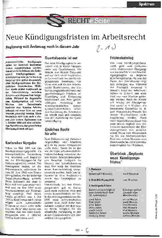 Vorschauseite 1: Neue Kündigungsfristen im Arbeitsrecht Regierung will Änderung noch in diesem Jahr