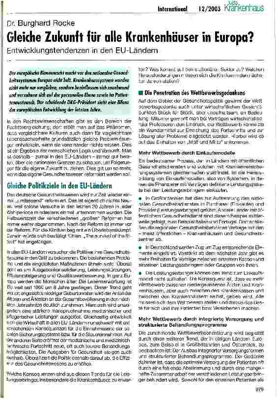 Vorschauseite 1: Gleiche Zukunft für alle Krankenhäuser in Europa? Entwicklungstendenzen in den EU-Ländern