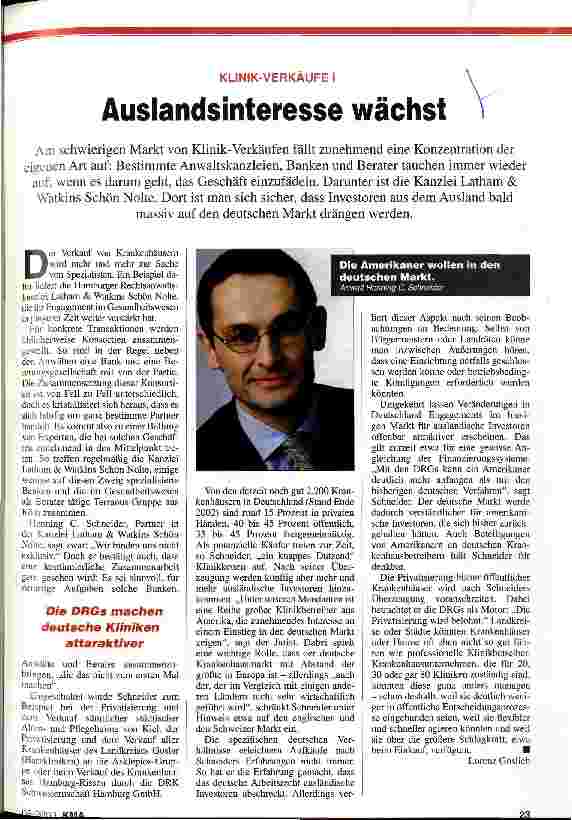 Vorschauseite 1: Auslandsinteresse wächst Klinik-Verkäufe I