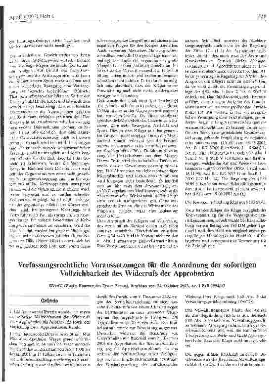 Vorschauseite 1: Verfassungsrechtliche Voraussetzungen für die Anordnung der sofortigen Vollziehbarkeit des Widerrrufs der Approbation BVerfG, Beschluss vom 24. Oktober 2003