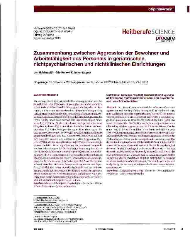 Vorschauseite 1: Zusammenhang zwischen Aggression der Bewohner und Arbeitsfähigkeit des Personals in geriatrischen, nichtpsychiatrischen und nichtklinischen Einrichtungen