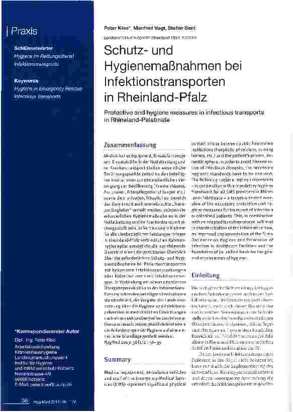 Vorschauseite 1: Schutzund Hygienemaßnahmen bei Infektionstransporten in Rheinland-Pfalz