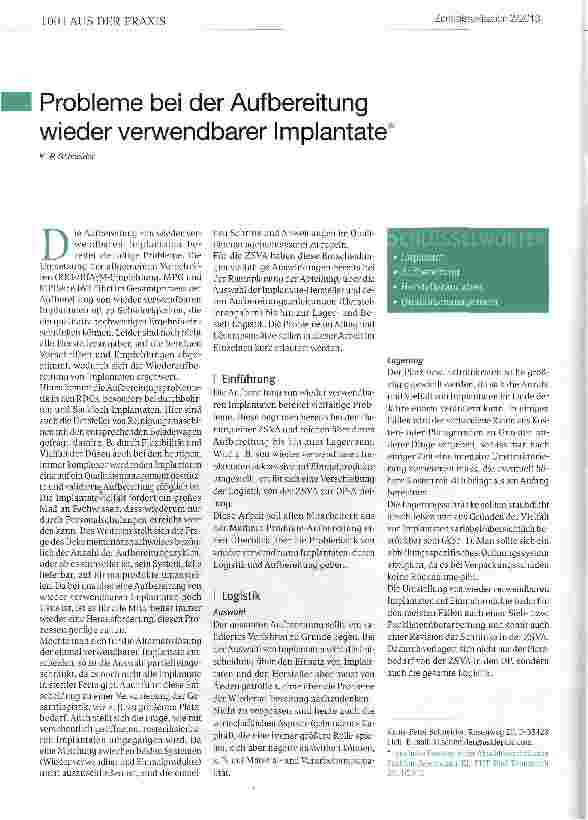 Vorschauseite 1: Probleme bei der Aufbereitung wieder verwendbarer Implantate